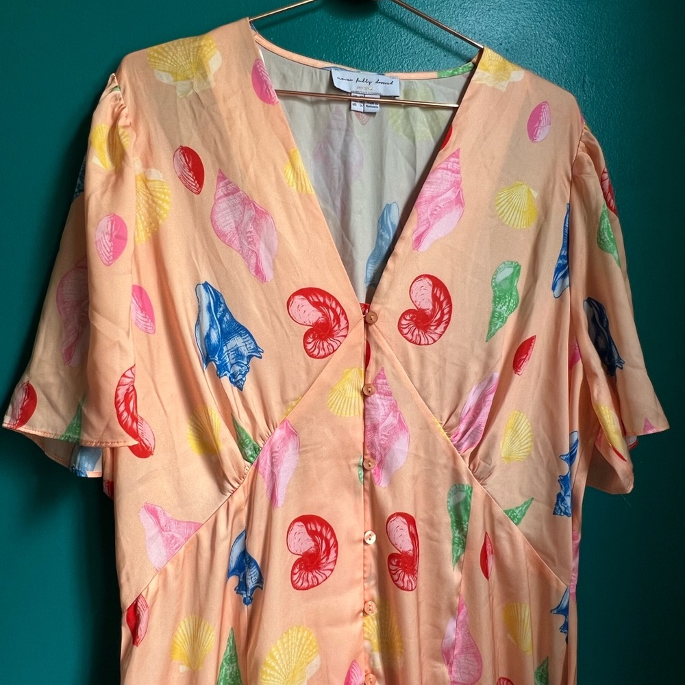 Never Fully Dressed Satin Vacation Beach Mid Maxi Dress In Orange Seashell Print